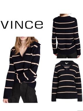 Vince Johnny-Collar Stripe Cashmere-Wool Blend Sweater
